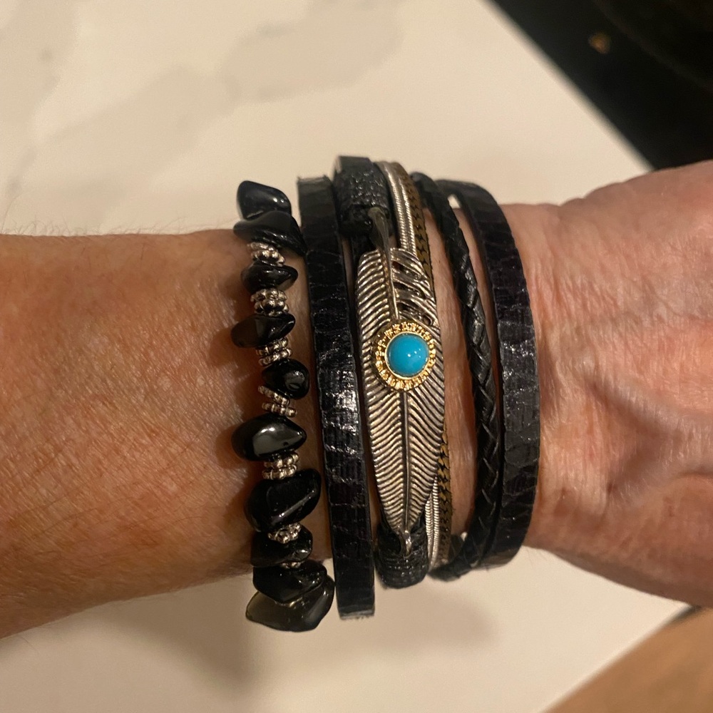 Free People Coachella wear Black and Silver Bracelet Set with Turquoise Accent